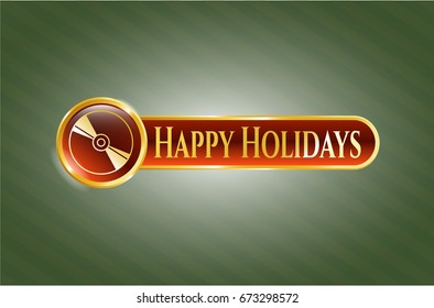  Gold shiny badge with CD or DVD disc icon and Happy Holidays text inside