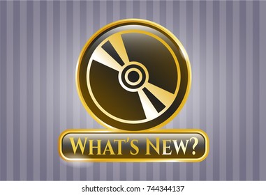  Gold shiny badge with CD or DVD disc icon and What's New? text inside