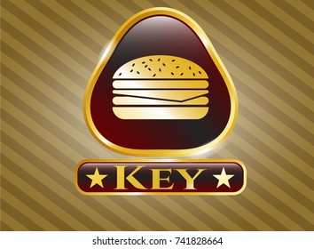  Gold shiny badge with cheeseburger icon and Key text inside
