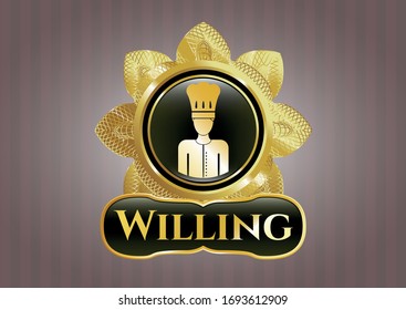  Gold shiny badge with chef icon and Willing text inside
