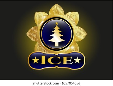  Gold shiny badge with christmas tree icon and Ice text inside