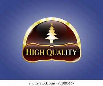  Gold shiny badge with christmas tree icon and High Quality text inside