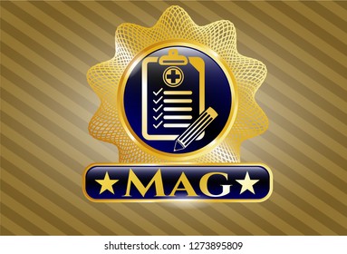  Gold shiny badge with clinic history icon and Mag text inside