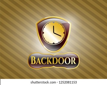  Gold shiny badge with clock, time icon and Backdoor text inside