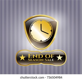  Gold shiny badge with clock, time icon and End of Season Sale text inside