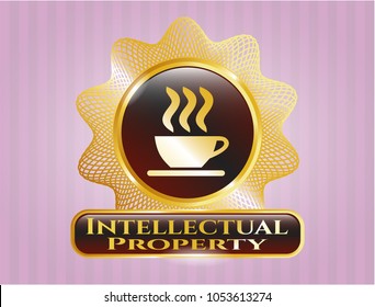  Gold shiny badge with coffee cup icon and Intellectual property text inside