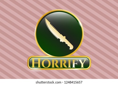  Gold shiny badge with combat knife icon and Horrify text inside