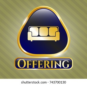  Gold shiny badge with couch icon and Offering text inside