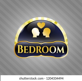  Gold shiny badge with couple in love icon and Bedroom text inside