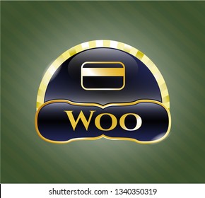  Gold shiny badge with credit card icon and Woo text inside