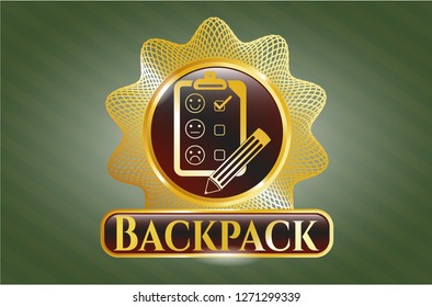  Gold shiny badge with customer feedback icon and Backpack text inside