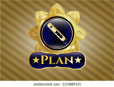  Gold shiny badge with cutter icon and Plan text inside