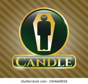  Gold shiny badge with dead man in his coffin icon and Candle text inside