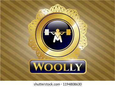  Gold shiny badge with deep squat icon and Woolly text inside
