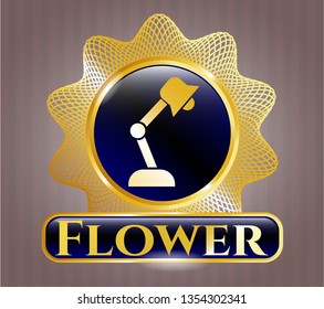  Gold shiny badge with desk lamp icon and Flower text inside