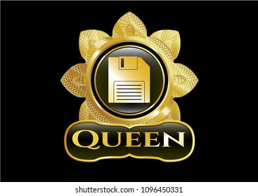   Gold shiny badge with diskette icon and Queen text inside