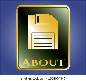  Gold shiny badge with diskette icon and About text inside