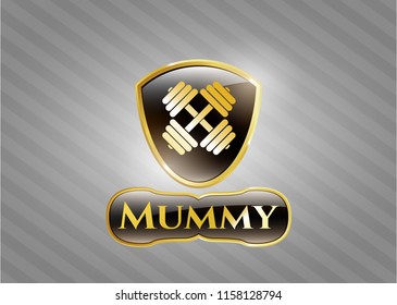  Gold shiny badge with dumbbell icon and Mummy text inside