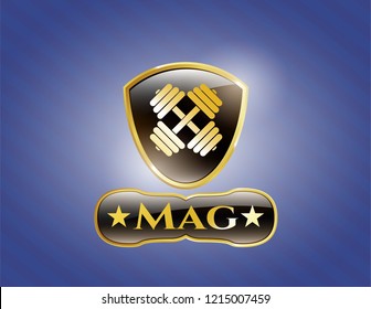  Gold shiny badge with dumbbell icon and Mag text inside