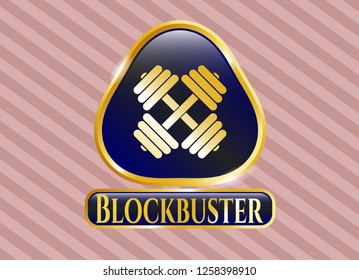  Gold shiny badge with dumbbell icon and Blockbuster text inside