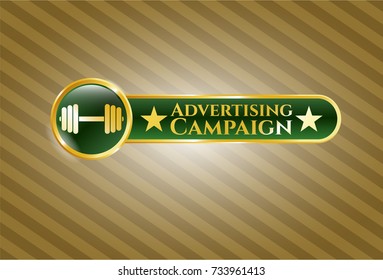  Gold shiny badge with dumbbell icon and Advertising Campaign text inside