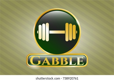  Gold shiny badge with dumbbell icon and Gabble text inside