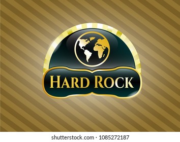   Gold shiny badge with earth icon and Hard Rock text inside