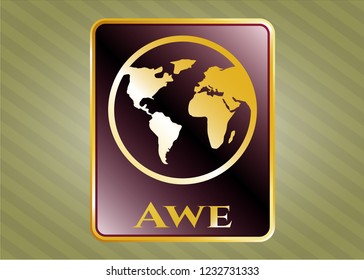 Gold shiny badge with earth icon and Awe text inside