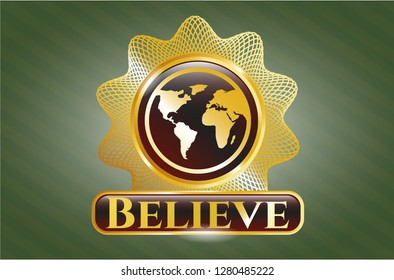  Gold shiny badge with earth icon and Believe text inside
