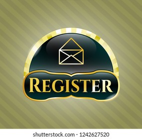  Gold shiny badge with envelope icon and Register text inside