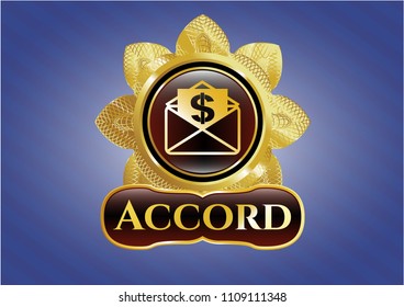  Gold shiny badge with envelope with paper with money symbol inside icon and Accord text inside