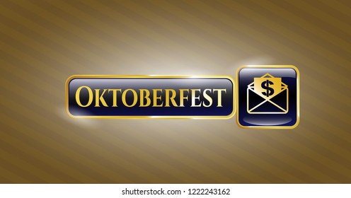  Gold shiny badge with envelope with paper with money symbol inside icon and Oktoberfest text inside