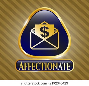 Gold shiny badge with envelope with paper with money symbol inside icon and Affectionate text inside