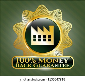  Gold shiny badge with factory icon and 100% Money Back Guarantee text inside