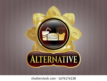  Gold shiny badge with fast food icon and Alternative text inside