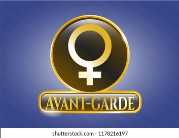  Gold shiny badge with female icon and Avant-garde text inside