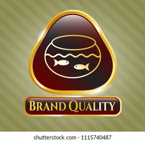  Gold shiny badge with fishbowl with fish icon and Brand Quality text inside