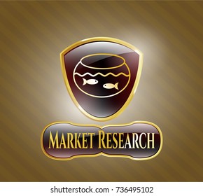  Gold shiny badge with fishbowl with fish icon and Market Research text inside