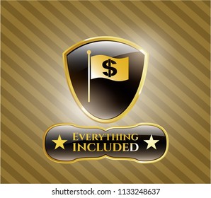  Gold shiny badge with flag with money symbol inside icon and Everything included text inside