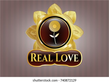  Gold shiny badge with flower icon and Real Love text inside