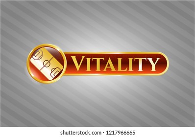   Gold shiny badge with football field icon and Vitality text inside