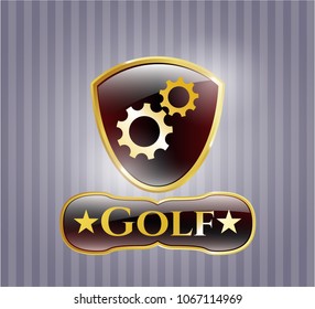  Gold shiny badge with gear, team work icon and Golf text inside