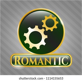  Gold shiny badge with gear, team work icon and Romantic text inside