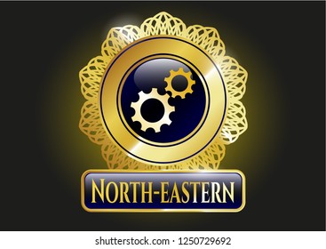  Gold shiny badge with gear, team work icon and North-eastern text inside