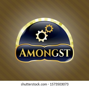  Gold shiny badge with gear, team work icon and Amongst text inside