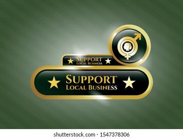  Gold shiny badge with gender dysphoria icon and Support Local Business text inside