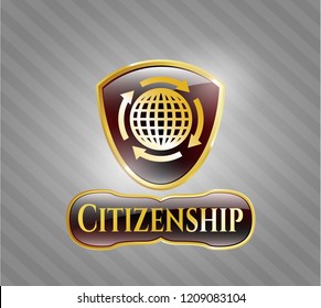  Gold Shiny Badge With Globalization Icon And Citizenship Text Inside