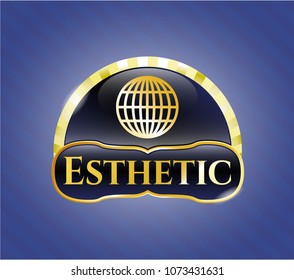  Gold shiny badge with globe, website icon and Esthetic text inside