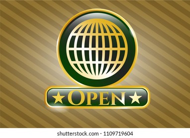  Gold shiny badge with globe, website icon and Open text inside