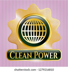  Gold shiny badge with globe, website icon and Clean Power text inside